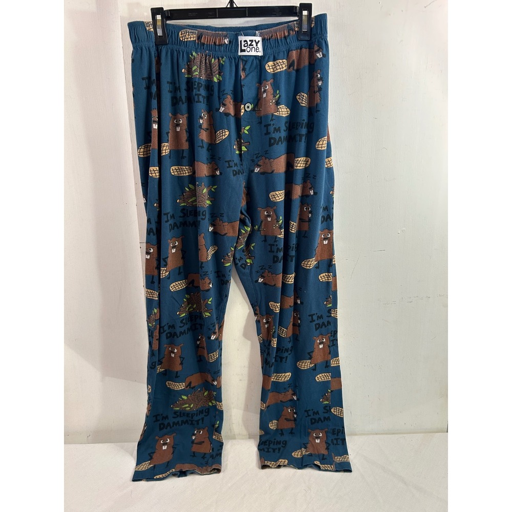 Lazy One Pajama Pants Large Blue Beaver I'm Sleeping Dammit Mens